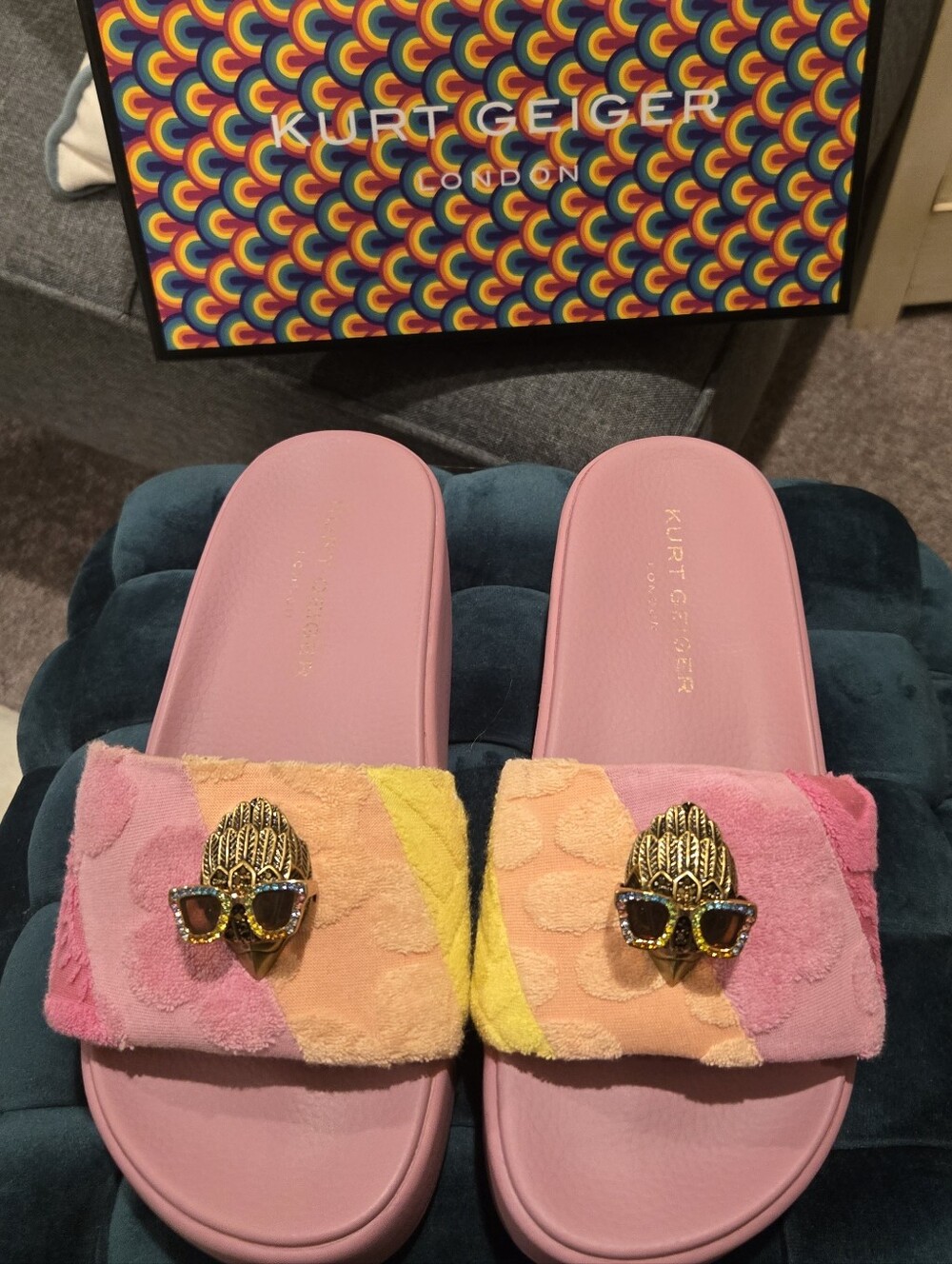 Kurt Geiger Pink Slides with Rainbow Tie-Dye Strap and Gold Skull